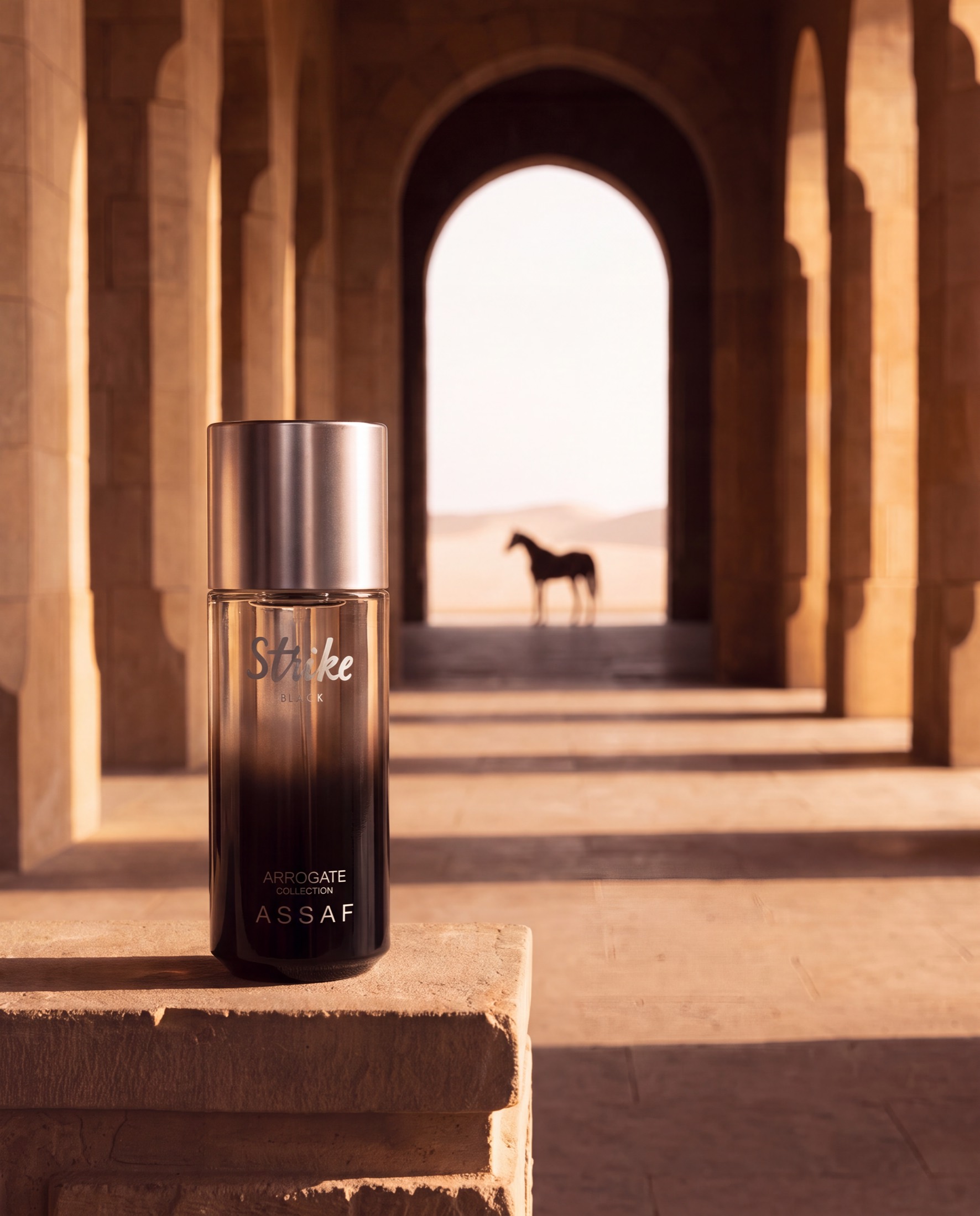 An ASSAF Strike Black bottle on a stone plinth in a limestone colonnade, with an Arabian horse standing in the desert beyond the far arch.