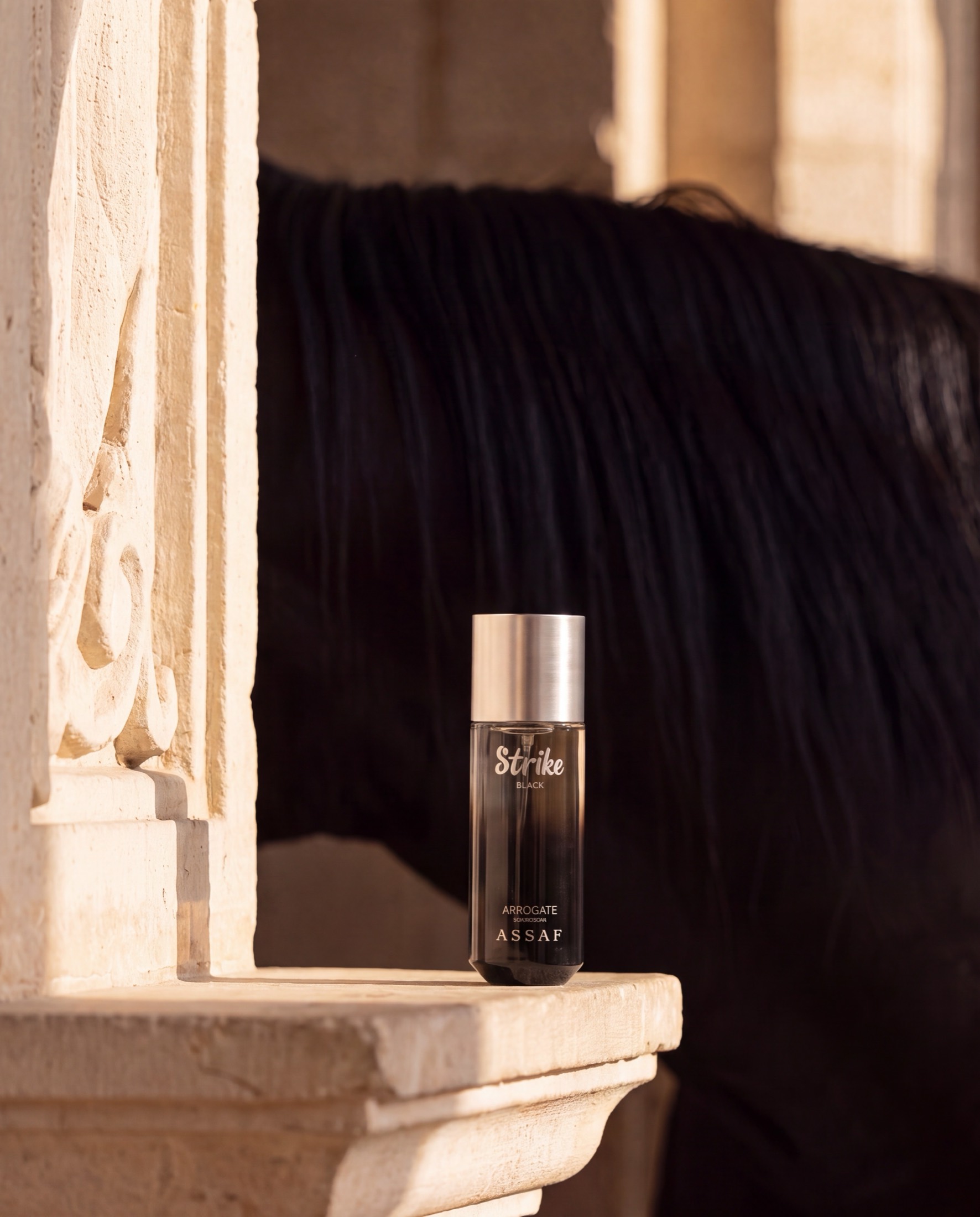 An ASSAF Strike Black bottle on a carved limestone ledge, the neck and long dark mane of an Arabian horse filling the space behind it.