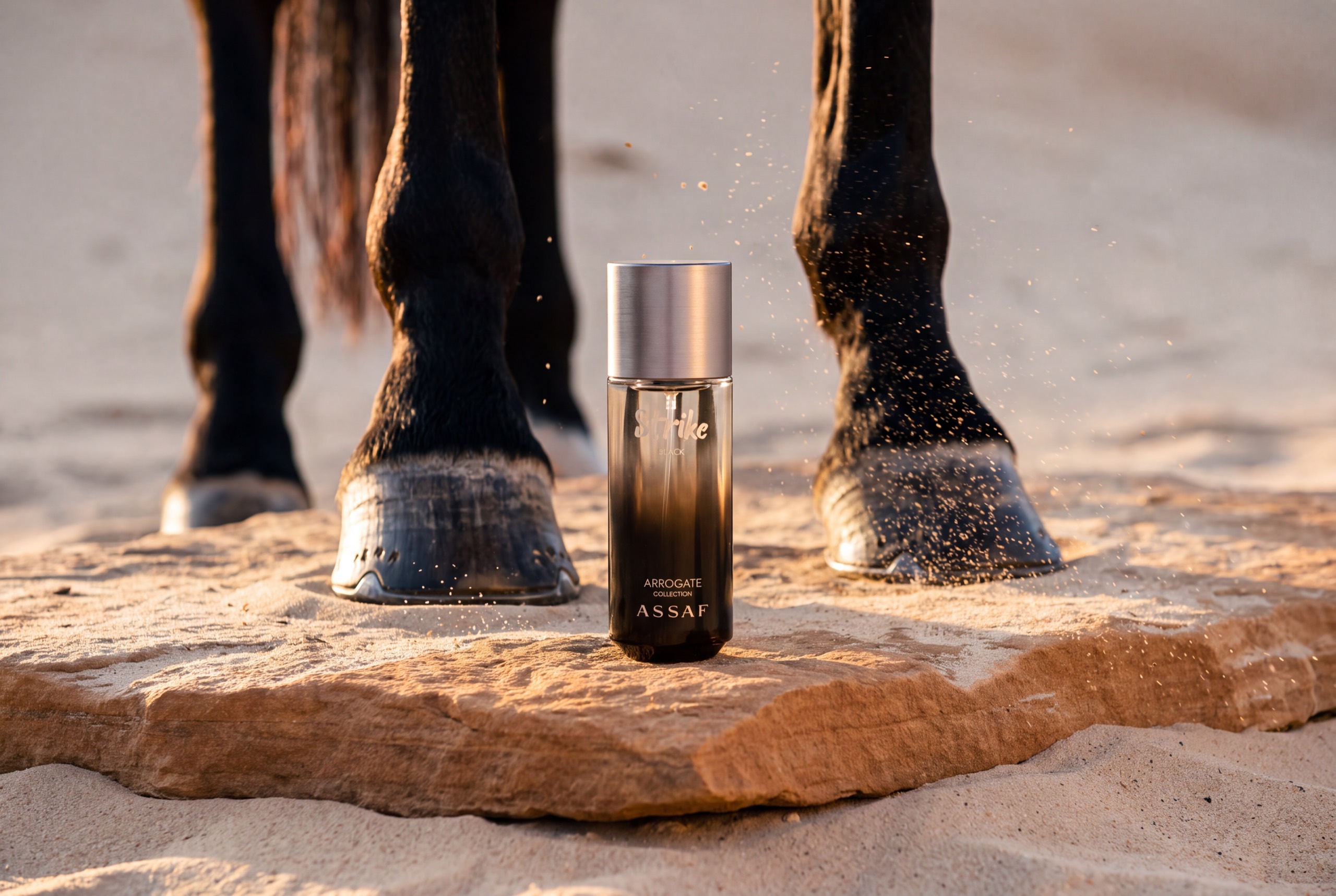 An ASSAF Strike Black bottle on a sandstone slab between the front hooves of a dark Arabian horse, sand still lifting in the air.