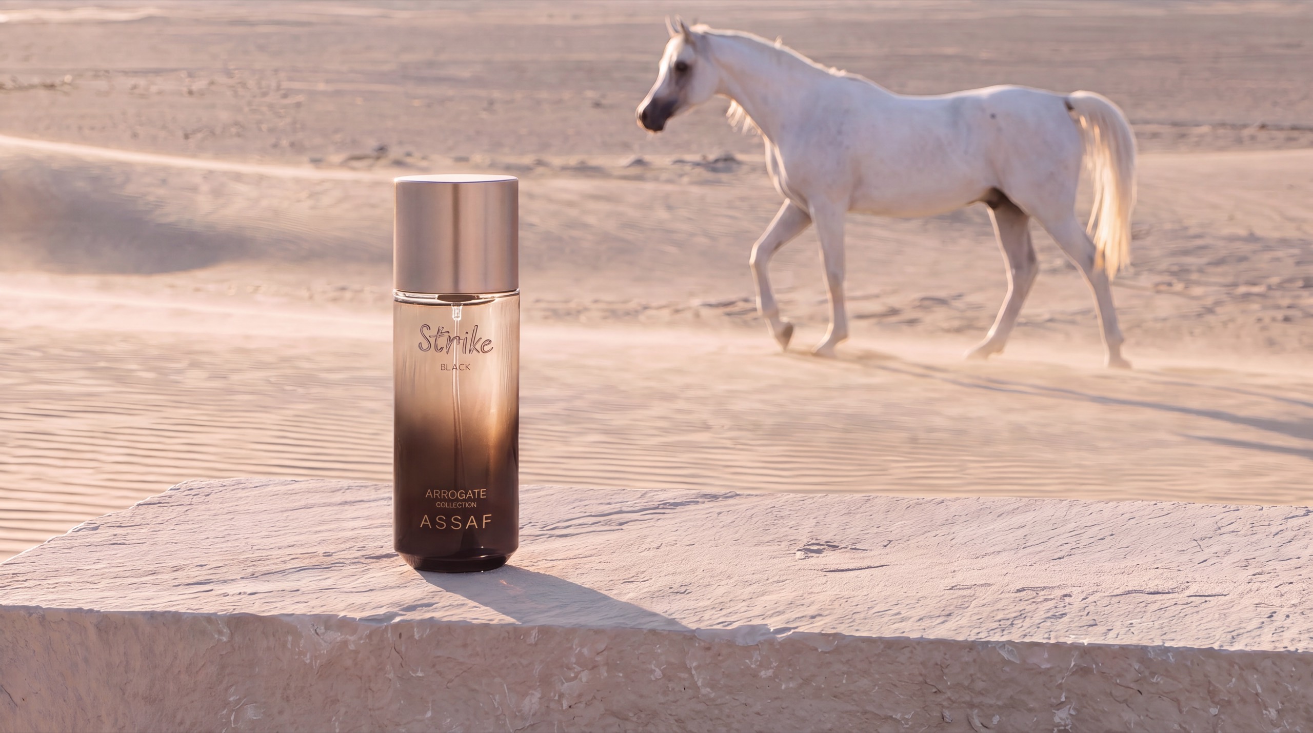 An ASSAF Strike Black bottle on a stone ledge in the desert, a white Arabian horse walking across the sand behind it.