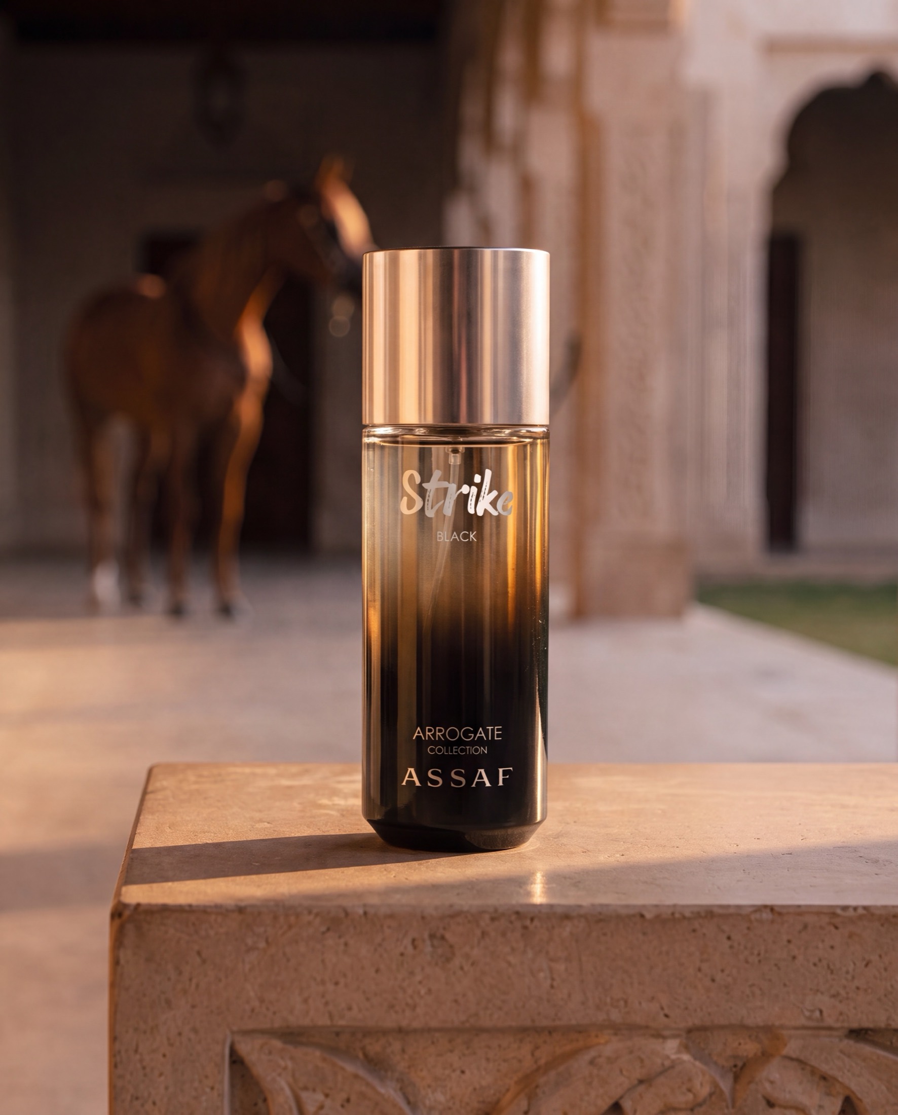 An ASSAF Strike Black bottle on a carved travertine ledge in a courtyard, a chestnut Arabian horse standing in the shade behind.