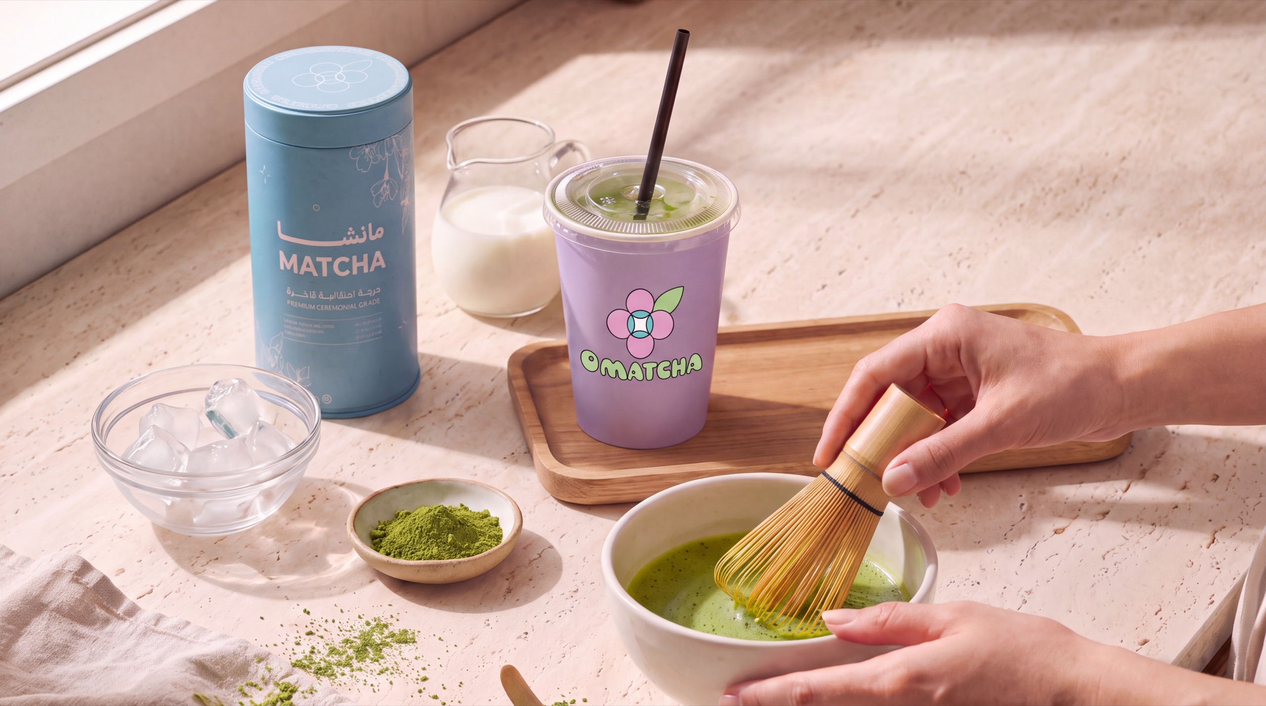 Hands whisking matcha in a bowl on a sunlit counter, beside an OMatcha tin, a lilac OMatcha cup, a jug of milk, a dish of matcha powder and a bowl of ice.