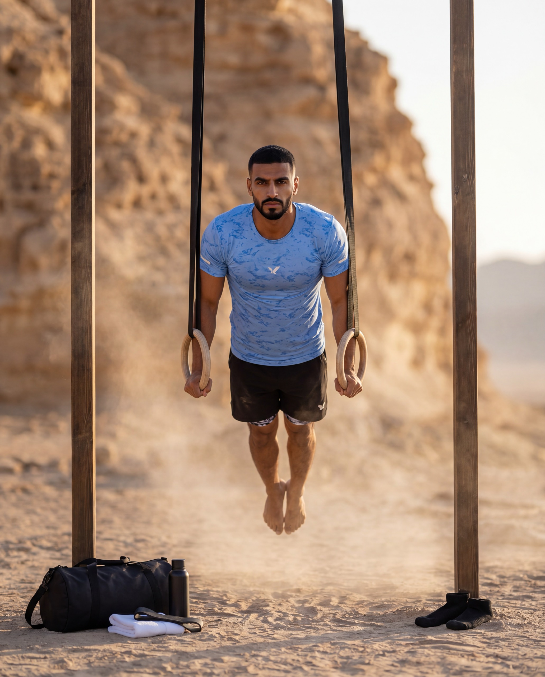 A man in an OQAB training shirt holding himself at full extension on a set of wooden rings, feet clear of the sand.