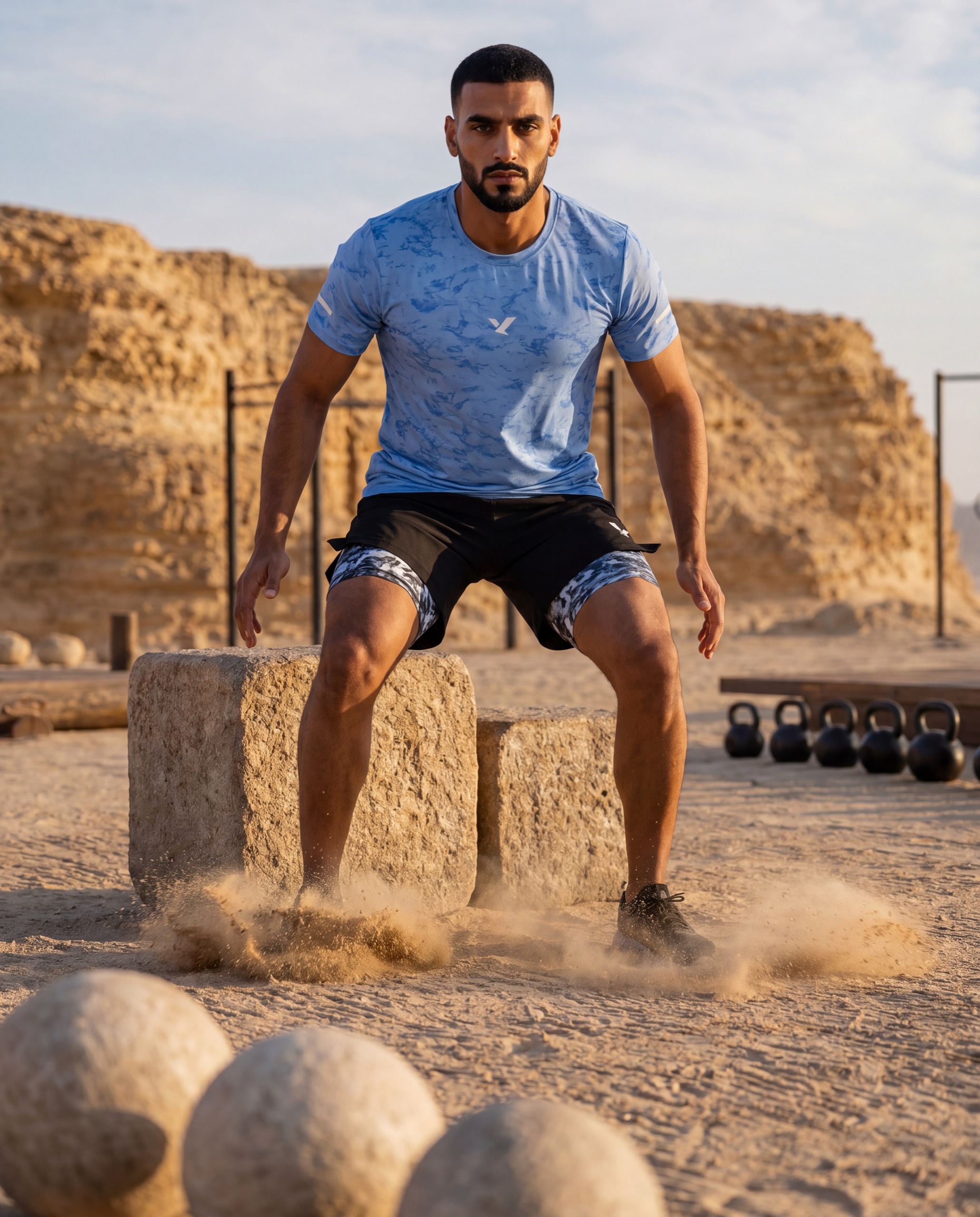 A man in an OQAB training shirt landing off a stone block, sand bursting outward at his feet.