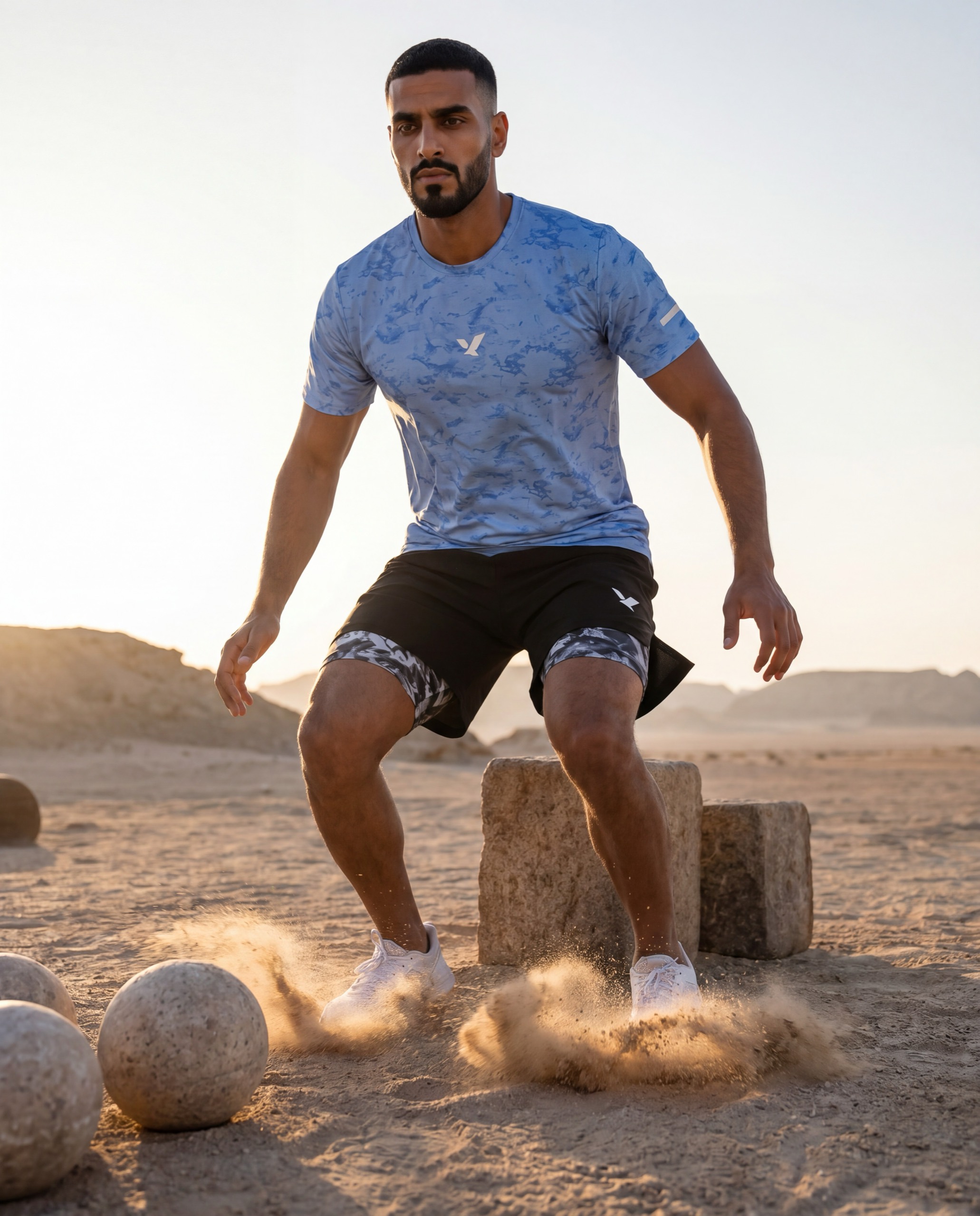A man in an OQAB training shirt stepping down from a stone block, sand lifting around him.