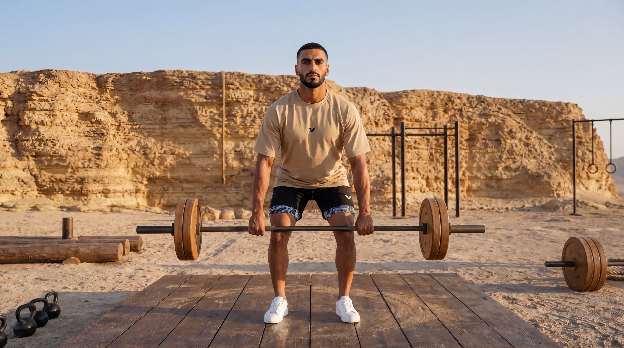 A man in an OQAB oversized shirt and two-layer shorts holding a wooden barbell at the hips on a timber platform, the cliff and training ground behind him.