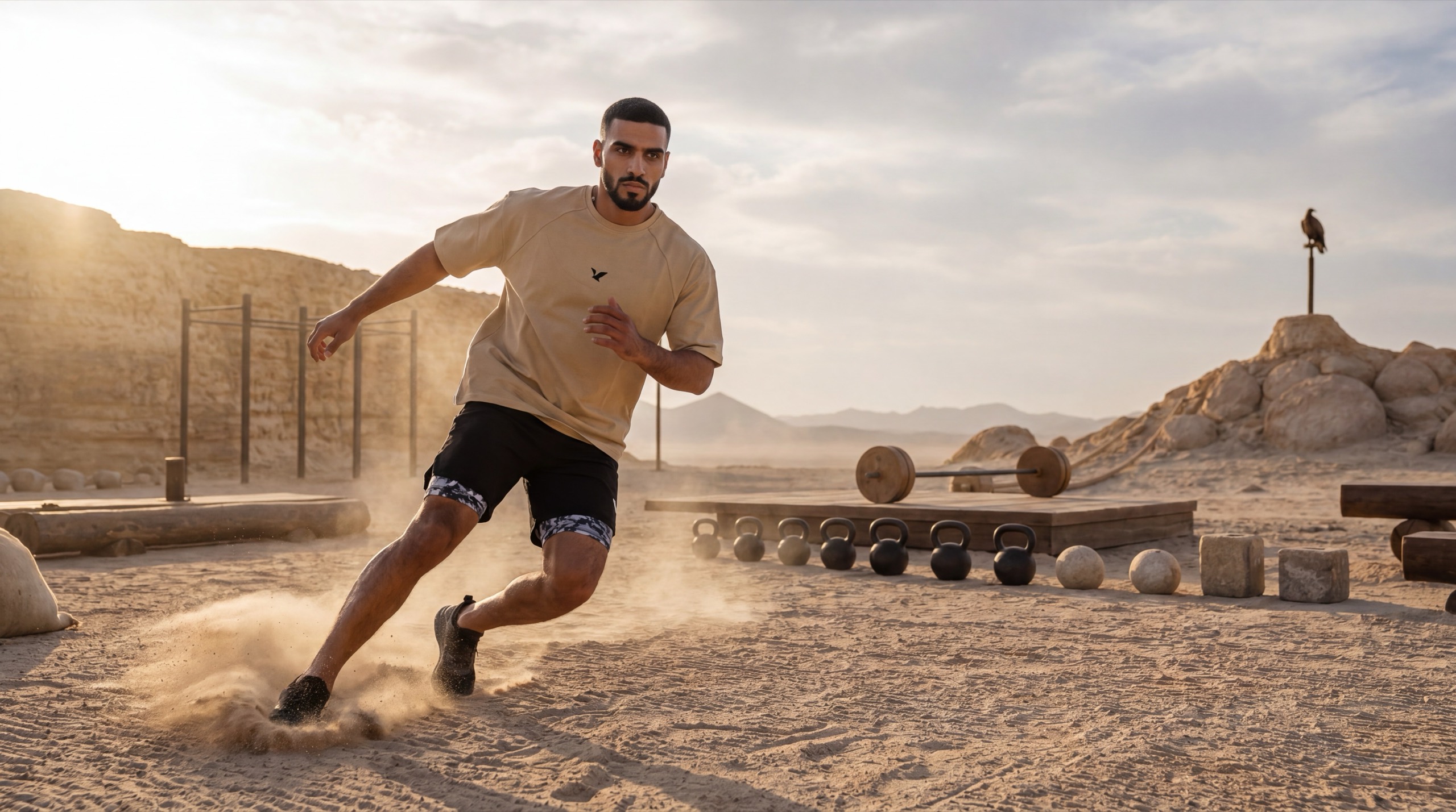 A man in an OQAB oversized shirt sprinting across the open training ground, sand thrown up behind him.