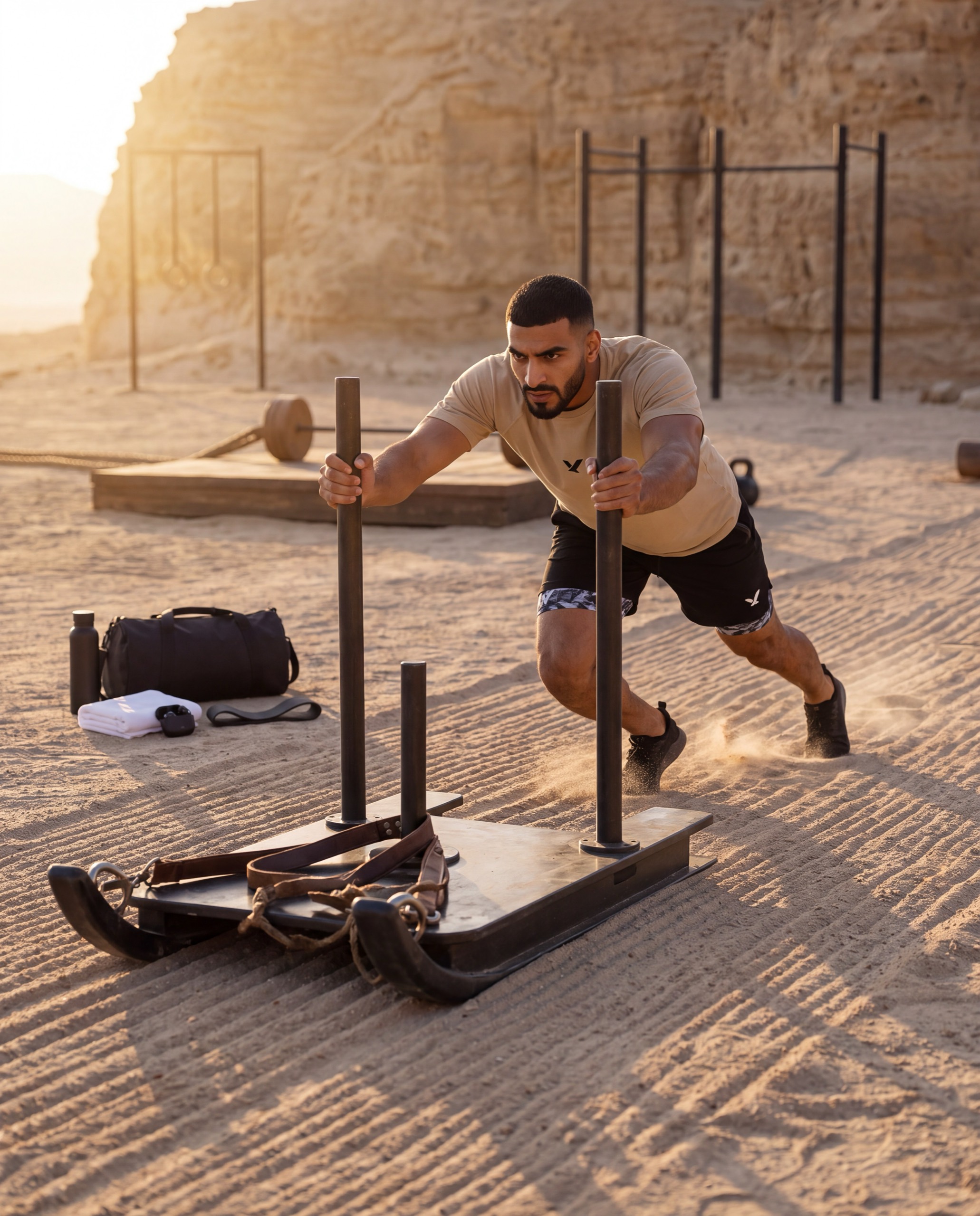 A man in an OQAB oversized shirt braced against the training sled, weight forward, sand lifting at his back foot.